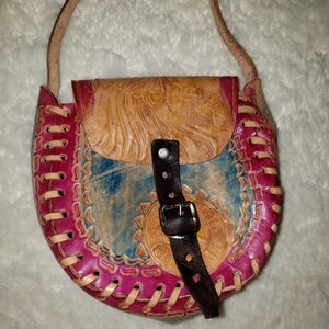 Hand Carved Leather Tooled Painted Childs Purse
